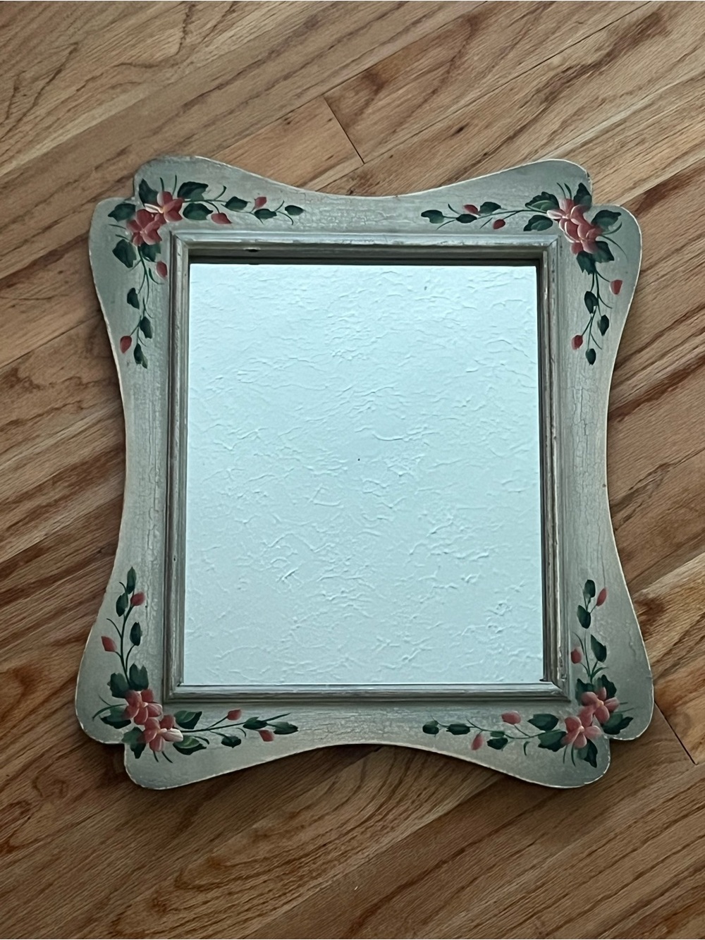 Vintage Hand-Painted Floral Square Wall Mirror - Cream with Pink & Green cottage